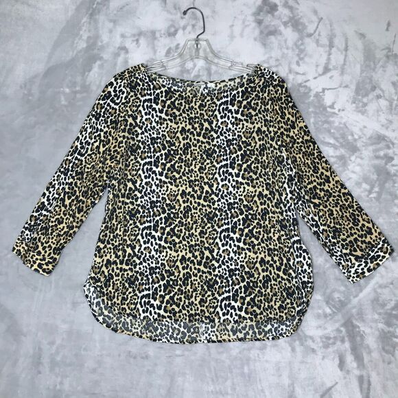 GAP Top Womens Small Leopard Print 3/4 Sleeve Button Shoulder Round Neck High Lo - Picture 1 of 9